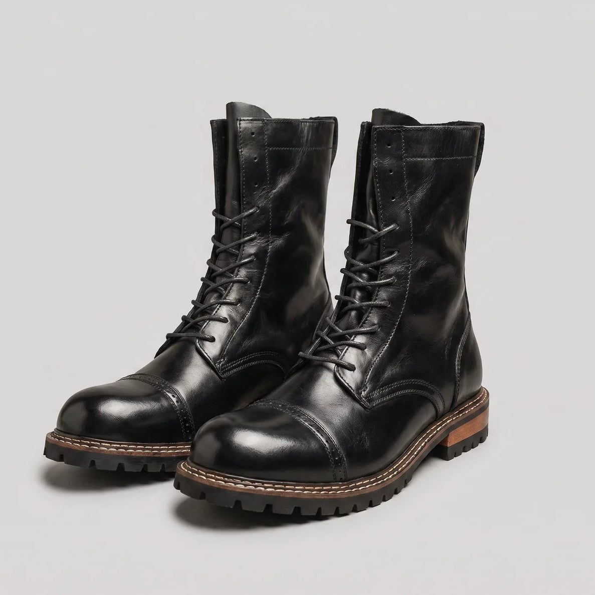 EKON Roadborn Leather Lace-Up Boots Black
