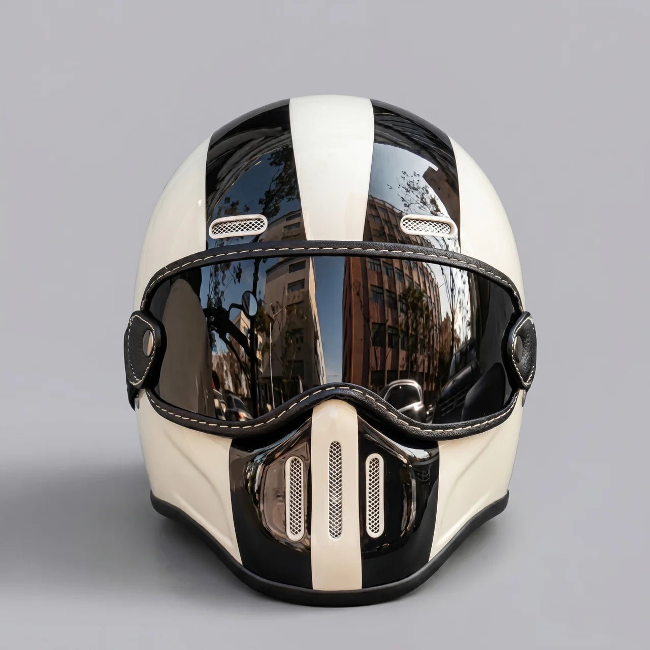 EKON RetroStripe Full-Face Riding Helmet White & Black