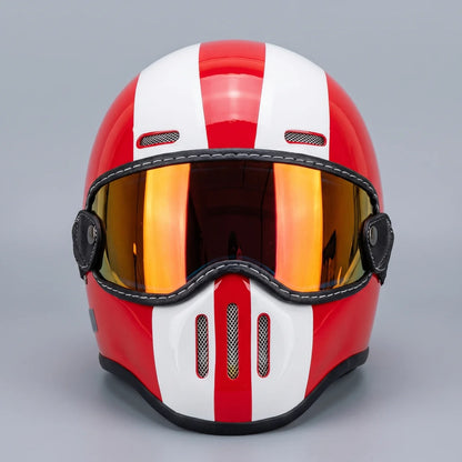 EKON RetroStripe Full-Face Riding Helmet Red & White