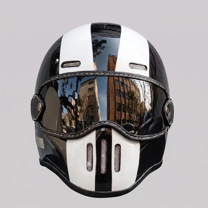 EKON RetroStripe Full-Face Riding Helmet Black & White