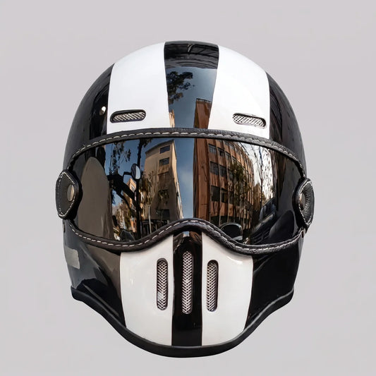 EKON RetroStripe Full-Face Riding Helmet Black & White