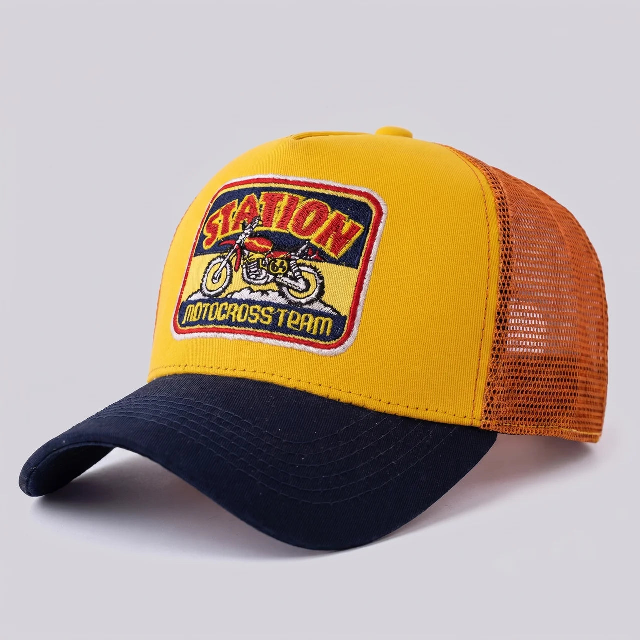 EKON MotoStation Mesh Trucker Cap Navy Yellow One Size : 22–23.6 in