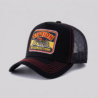 EKON MotoStation Mesh Trucker Cap Black Red One Size : 22–23.6 in