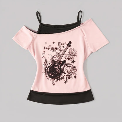 EKON Women’s Moto Graphic Cold-Shoulder Tee Pink