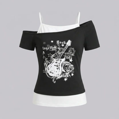 EKON Women’s Moto Graphic Cold-Shoulder Tee Black