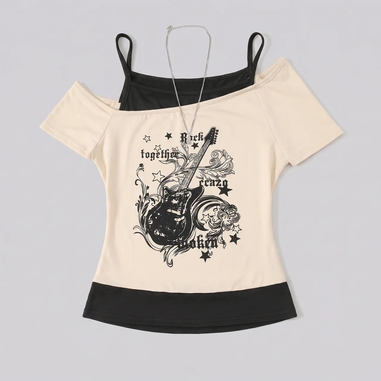 EKON Women’s Moto Graphic Cold-Shoulder Tee Beige White
