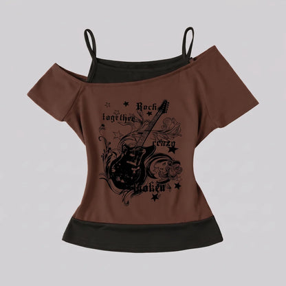 EKON Women’s Moto Graphic Cold-Shoulder Tee Brown