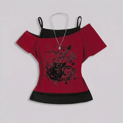 EKON Women’s Moto Graphic Cold-Shoulder Tee Burgundy