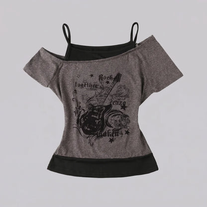 EKON Women’s Moto Graphic Cold-Shoulder Tee Gray