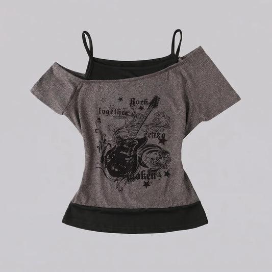 EKON Women’s Moto Graphic Cold-Shoulder Tee Gray