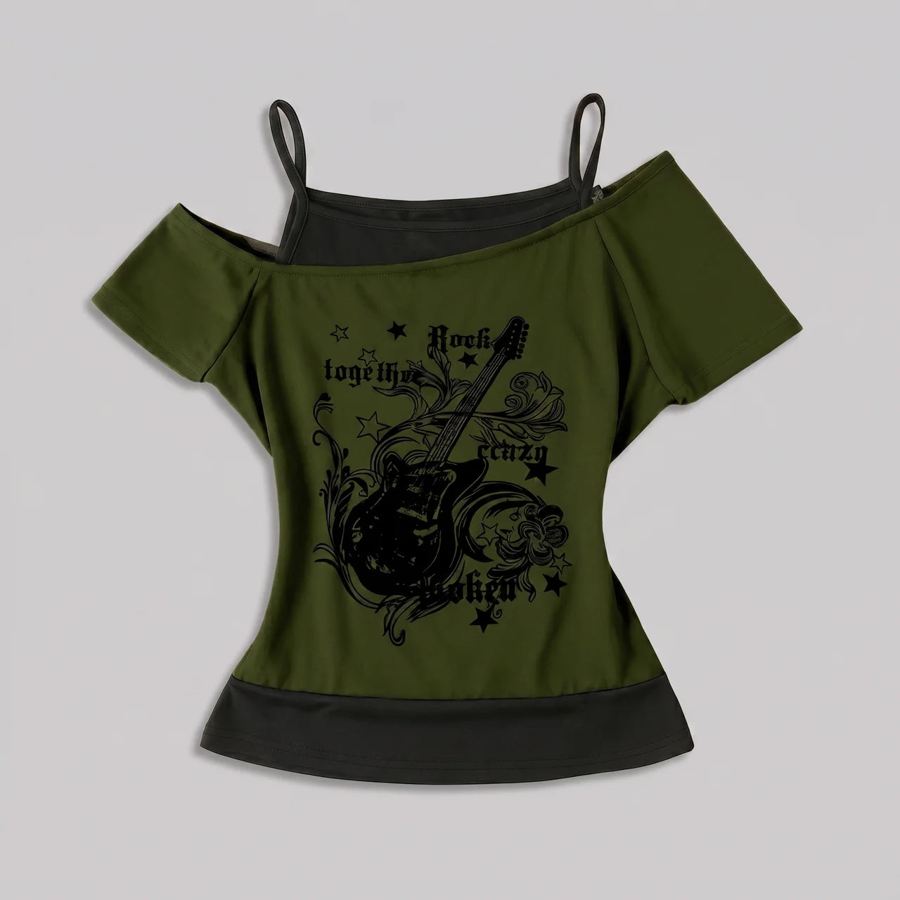 EKON Women’s Moto Graphic Cold-Shoulder Tee Olive Green
