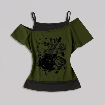 EKON Women’s Moto Graphic Cold-Shoulder Tee Olive Green