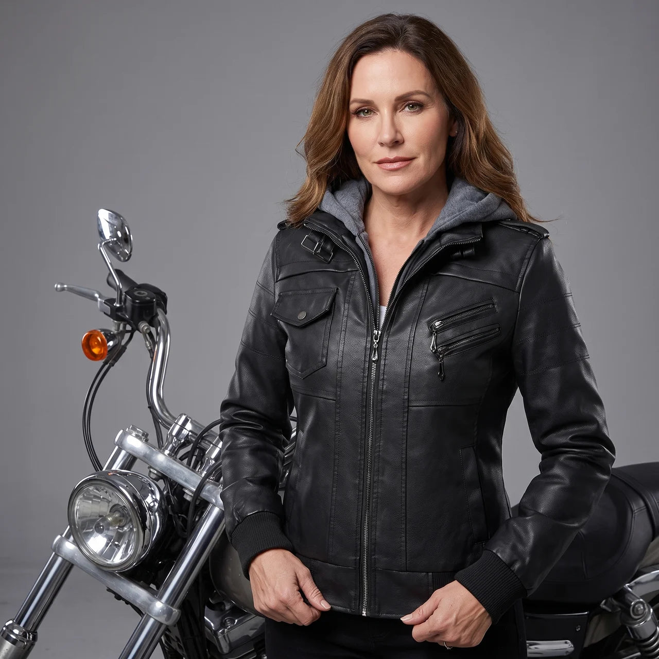 EKON Women’s Layered-Hood Moto Jacket
