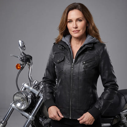 EKON Women’s Layered-Hood Moto Jacket