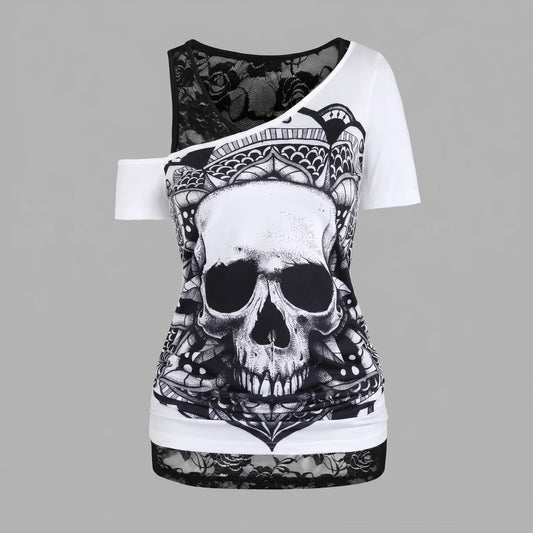 EKON Women’s Lace Skull Graphic Tee Black