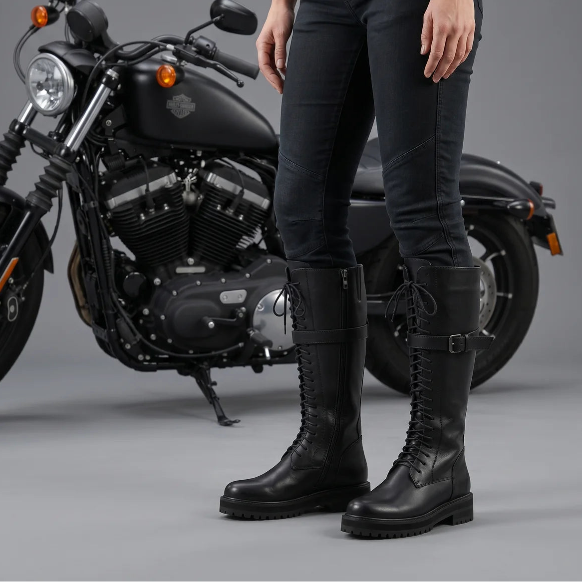 EKON Women’s Leather CorsetLace Tall Biker Boots