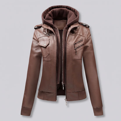 EKON Women’s Layered-Hood Moto Jacket Brown