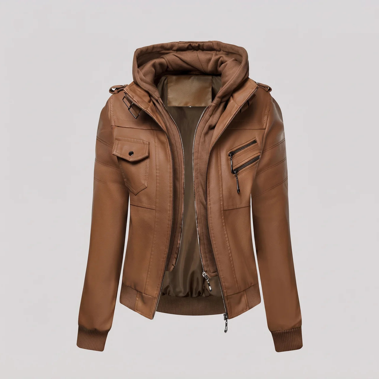 EKON Women’s Layered-Hood Moto Jacket Beige