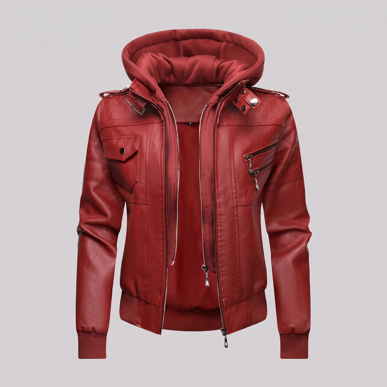 EKON Women’s Layered-Hood Moto Jacket Red