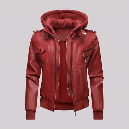 EKON Women’s Layered-Hood Moto Jacket Red