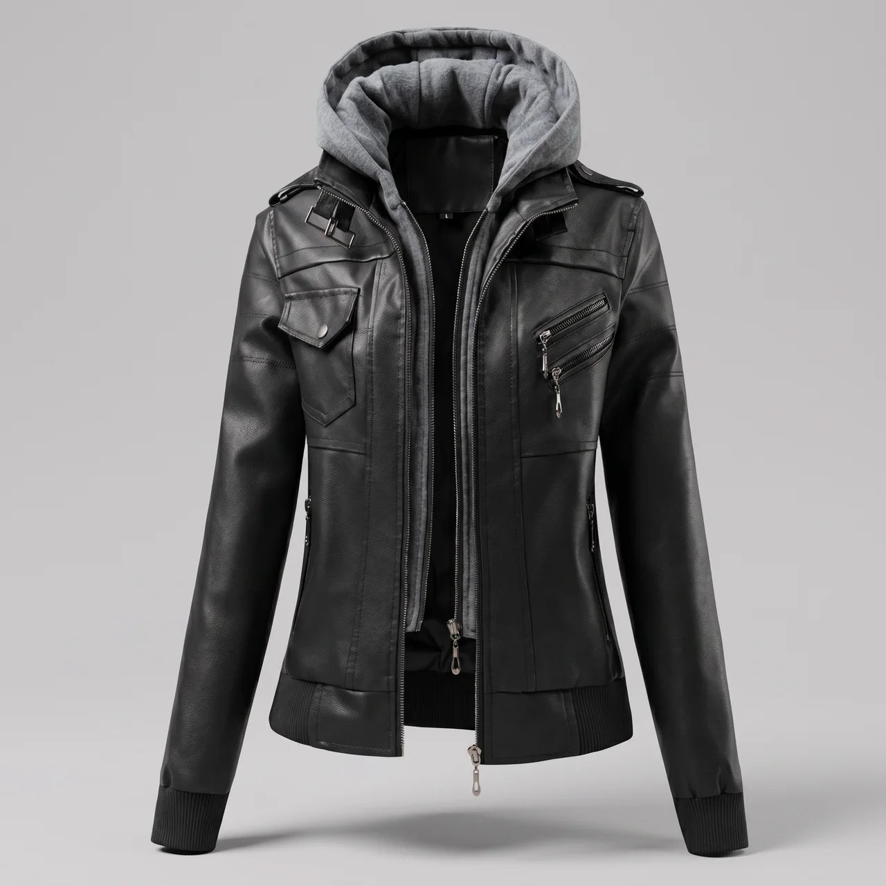 EKON Women’s Layered-Hood Moto Jacket Black