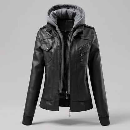 EKON Women’s Layered-Hood Moto Jacket Black