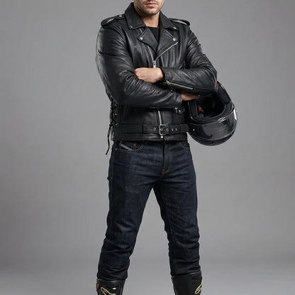 EKON Leather Belted Biker Jacket