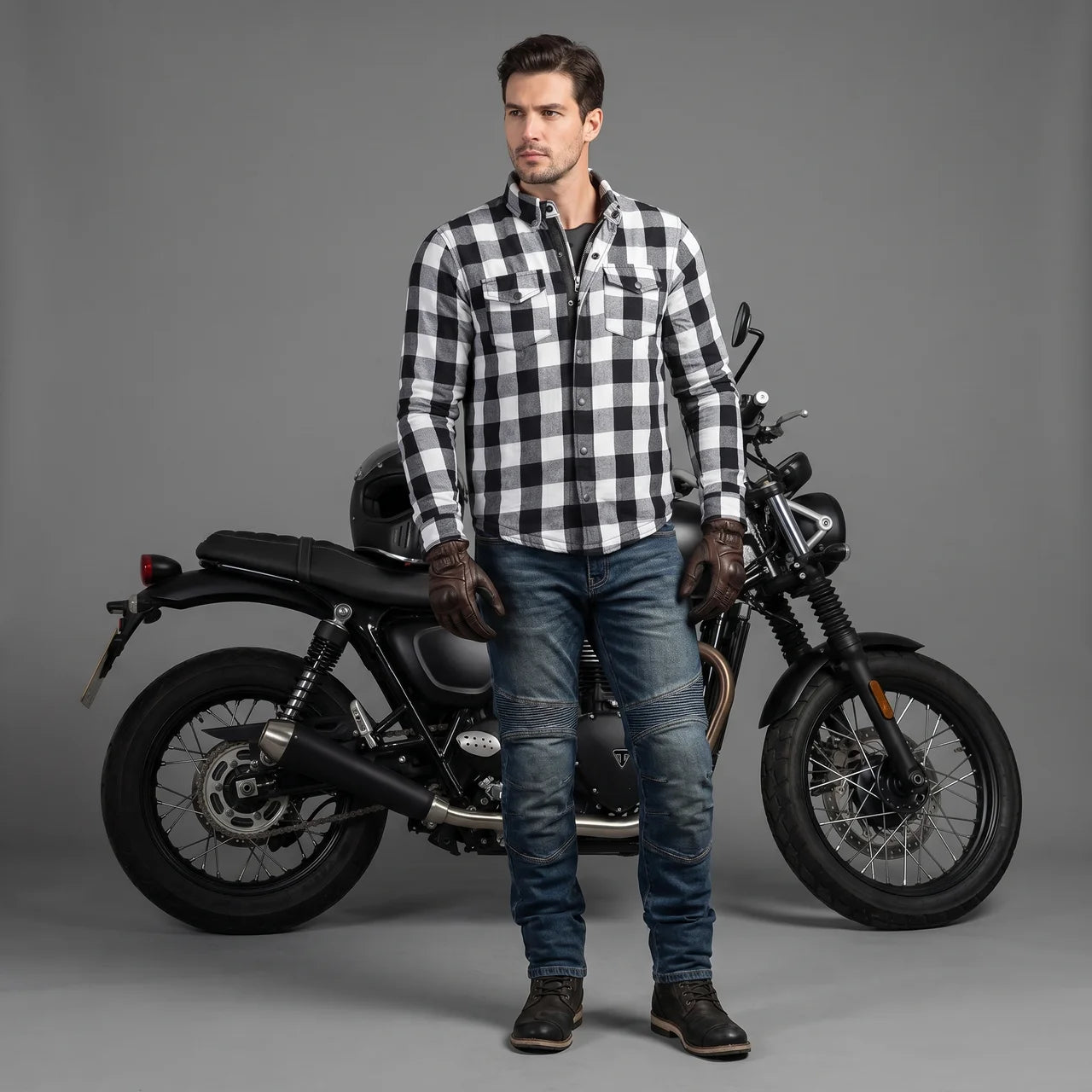 EKON Armored Plaid Motorcycle Shirt Jacket