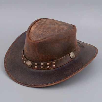 EKON Studded Leather Western Hat Brown