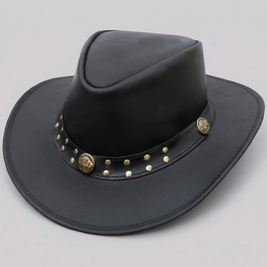 EKON Studded Leather Western Hat Black
