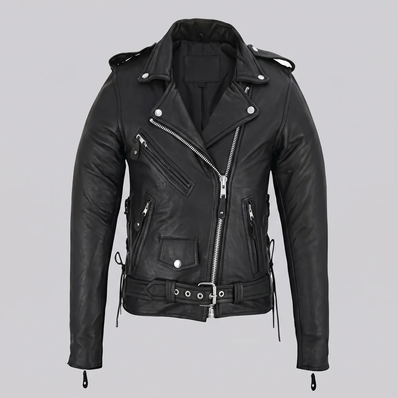 EKON Women’s Belted Leather Moto Jacket