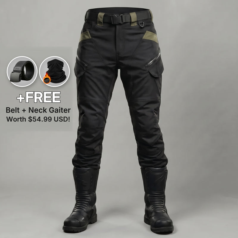 Black RoadArmor Women's pants with the free RoadArmor belt and fleece neck gaiter included with every pair