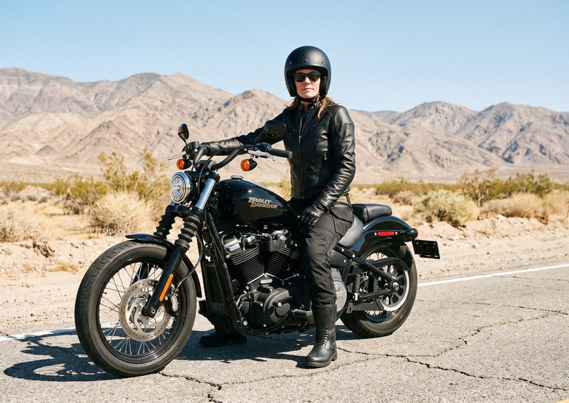 Woman on a Harley cruiser on a desert highway in the RoadArmor Women's pants