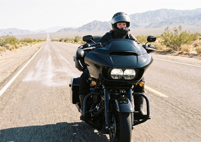 Woman riding a Harley bagger on a straight desert road in the RoadArmor Women's pants