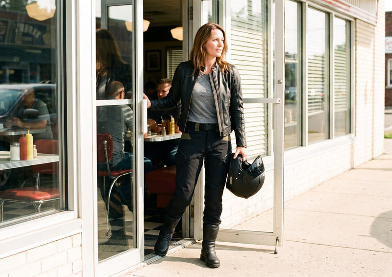 Woman walking out of a diner with her helmet in the RoadArmor Women's pants