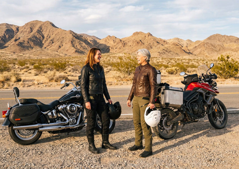 Two women riders talking beside their motorcycles in the black and the Army Green RoadArmor Women's pants
