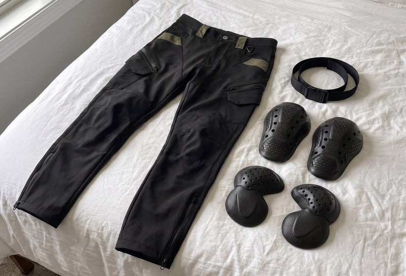 Customer photo. Black RoadArmor Women's pants laid out on a bed with the knee and hip armor pads and the belt