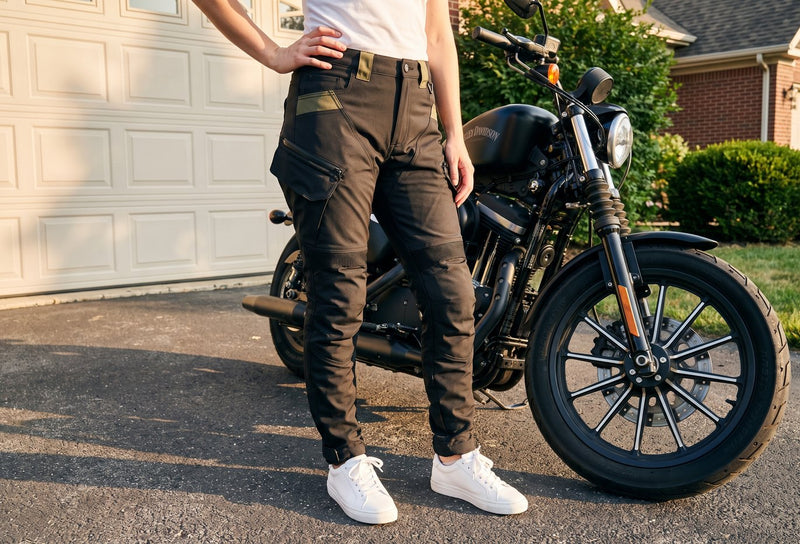 Customer photo. Woman in her driveway beside her Sportster in the black RoadArmor Women's pants
