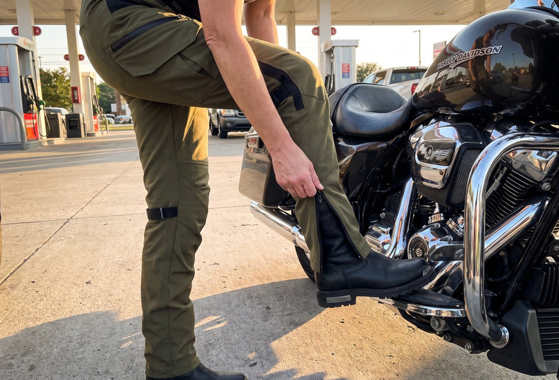 Customer photo. Woman rider zipping the ankle of her Army Green RoadArmor Women's pants over her boot beside her Harley
